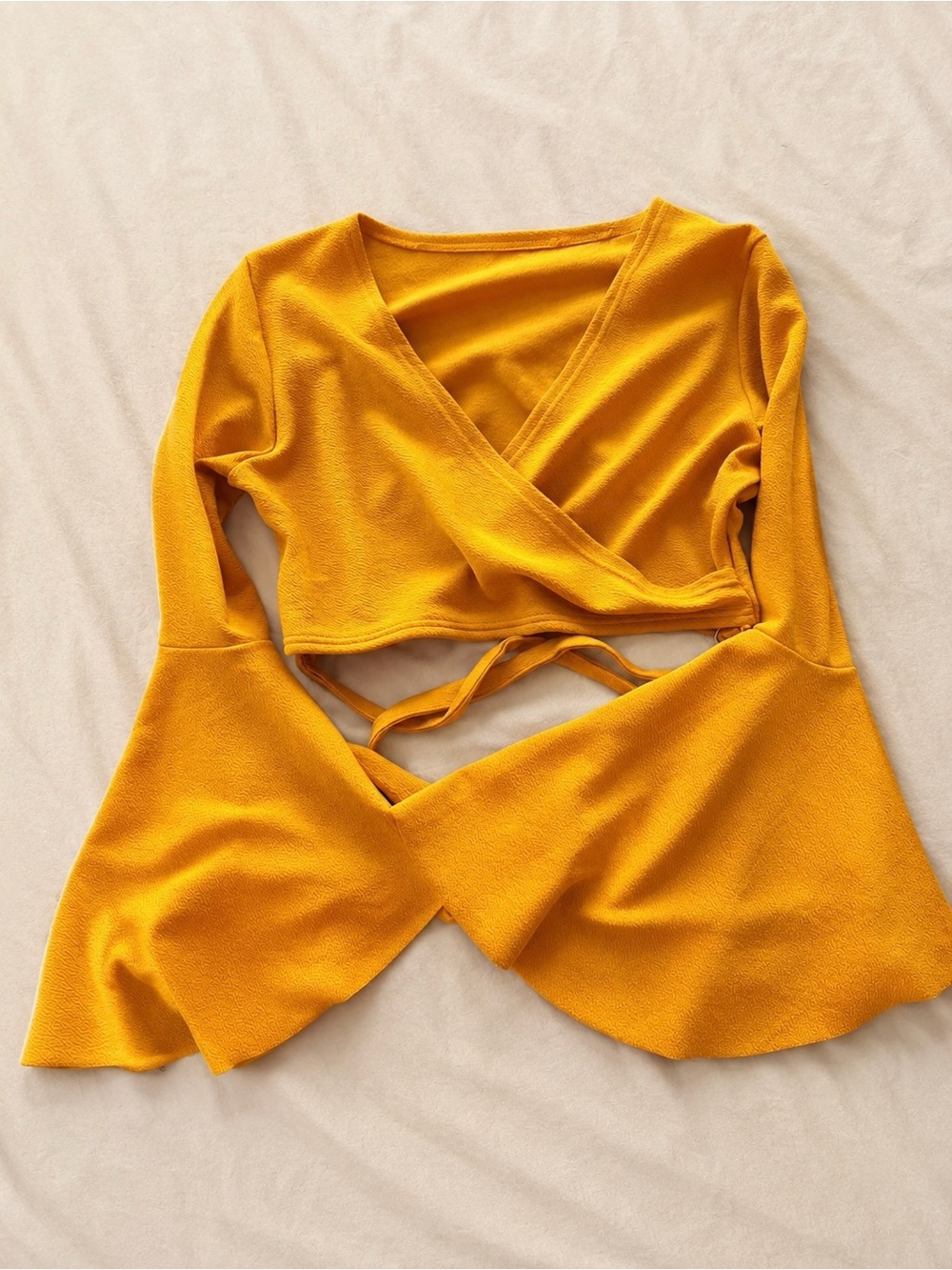 SHEIN Golden Yellow Wrap Crop Top with Bell Sleeves